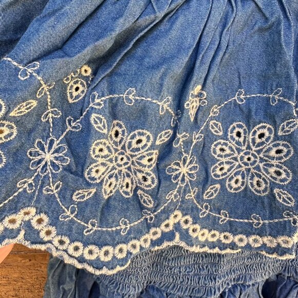 Off-The-Shoulder Chambray Dress With Floral Embroidery & Smocked Bodice Size S X - Picture 5 of 10